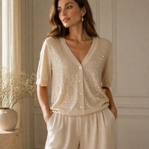 Talbots Sequin Cardigan Cream Short‎ Sleeve Knit XL Petite Classic Glam
